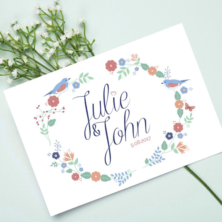 Faire part de mariage, l'illustration représente une couronne de fleurs avec des oiseaux