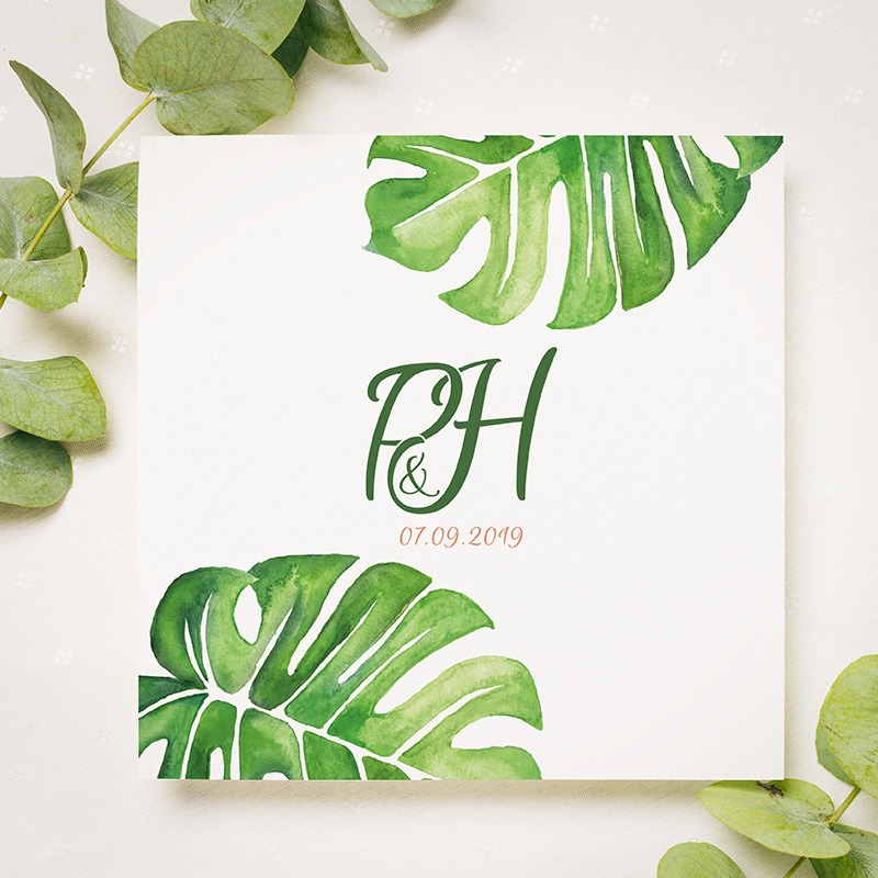 Faire part de mariage sur le thème des feuilles tropical, dessinée à l'aquarelle