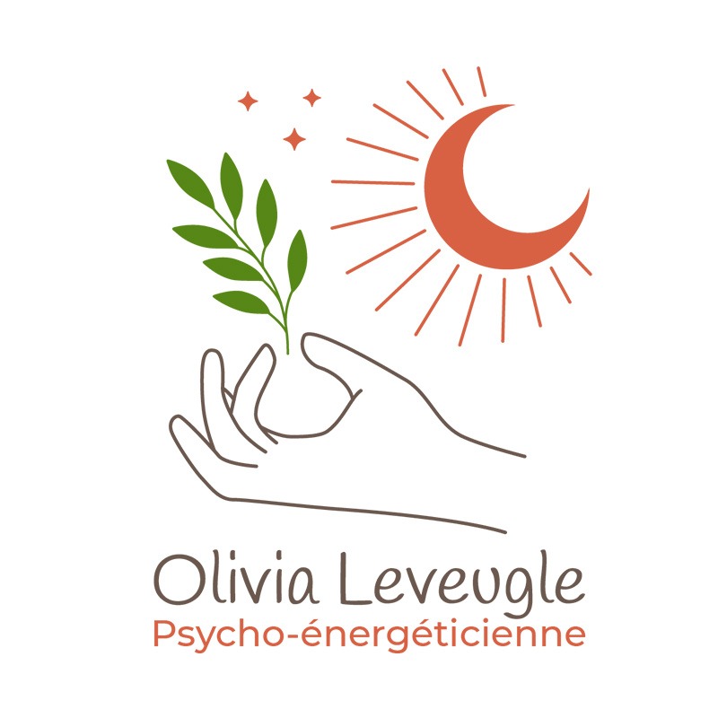 Logo de Olivia Leveugle, psycho-énergéticienne. Le logo est composé de plusieurs symboles : une main, une feuille, une lune et un soleil