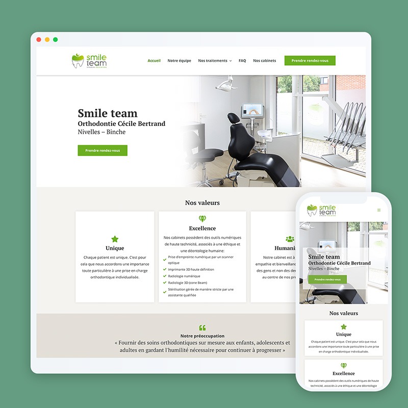 Home page du site de smile team en version desktop et mobile. Smile team est un cabinet d'orthodontie, le site est assez minimaliste avec de touche de vert.