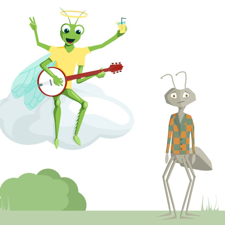 Illustration pour le projet : la cigale le premier testament participatif Cette illustration présente deux personnages aux émotions contrastées, représentant les différents choix et attitudes face au testament participatif. À gauche, la cigale joyeuse est assise sur un nuage, jouant du banjo avec un large sourire, incarnant la légèreté et l'optimisme. À droite, la fourmi, debout avec les bras le long du corps, adopte une posture sérieuse et un air plus mélancolique, symbolisant un côté plus pragmatique et réfléchi. Ensemble, ces personnages illustrent la diversité des perspectives sur la planification et la transmission du patrimoine.
