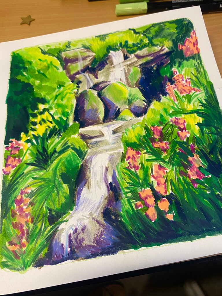 Exemple d'illustration mix media : deuxième étape, je rajoute des détails et des textures avec des pastel Neocolors2