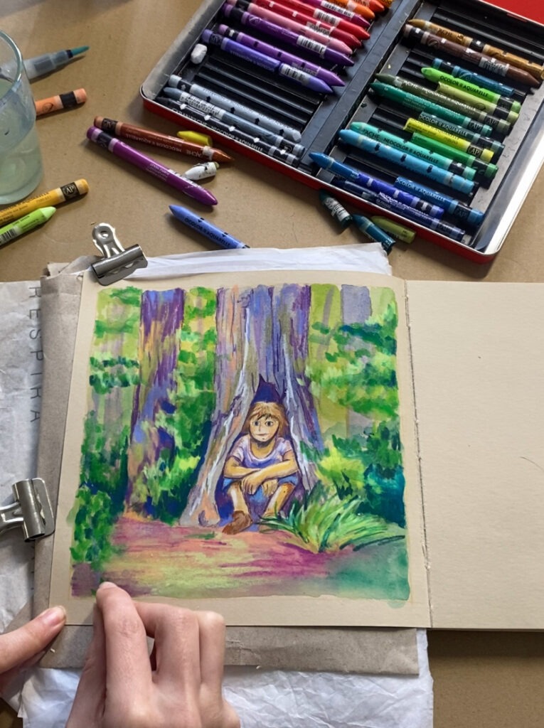 Exemple d'illustration mix media : deuxième étape, je rajoute des détails et des textures avec des pastel Neocolors2