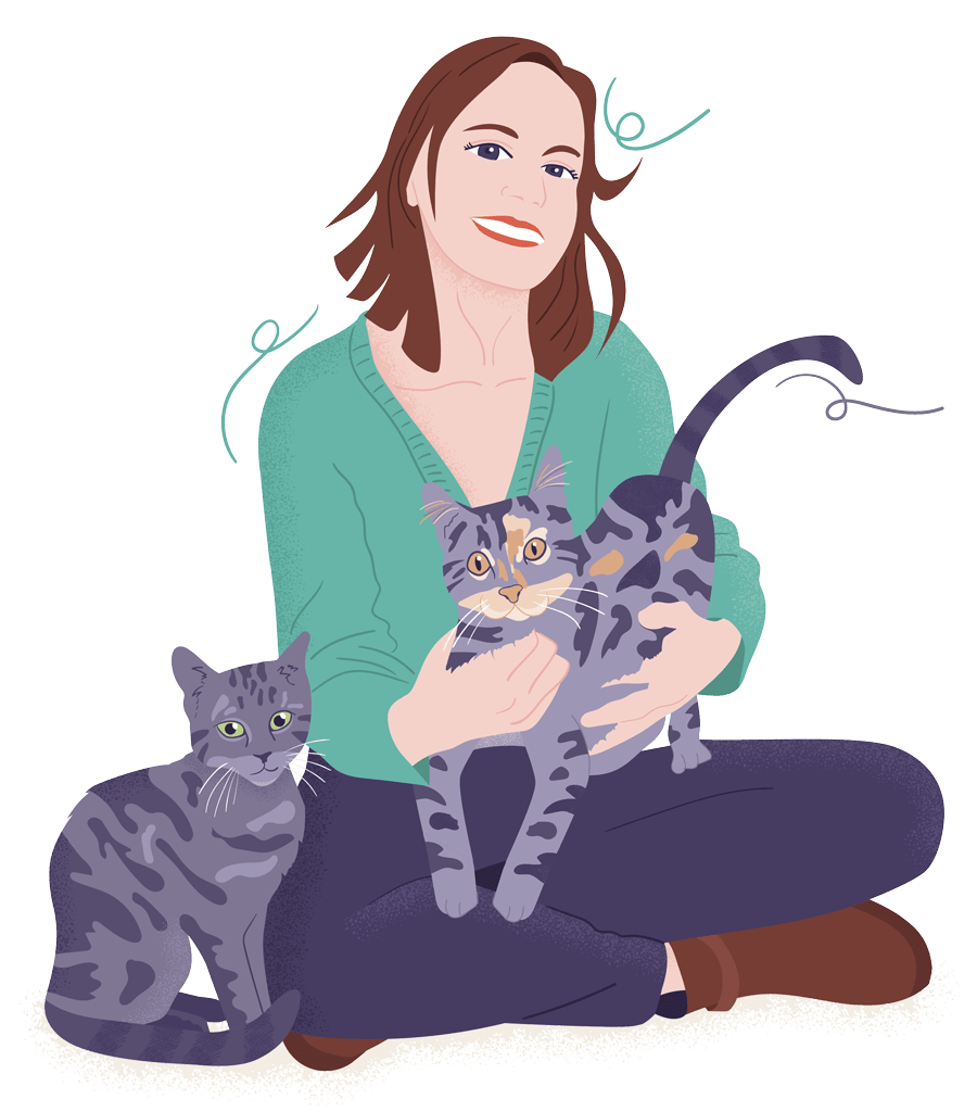 Autoportrait (illustration vectorielle) de Sophie Bortier, graphiste et illustratrice freelance, elle est assise avec ses chats.