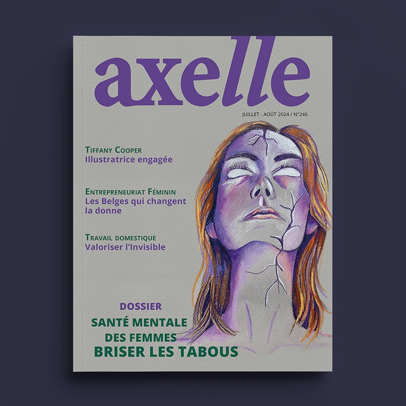 Illustration de couverture de magazine représentant le portrait d'une femme assez sombre dont le visage craque et les yeux sont vide, cela évoque la santé mentale. L'illustration est réalisée aux pastels gras
