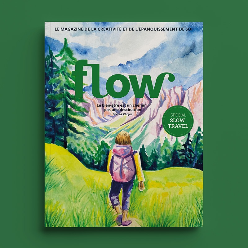 Couverture de magazine illustrée représentant une femme qui randonne dans les montagnes. L'illustration mix aquarelle et pastels gras.