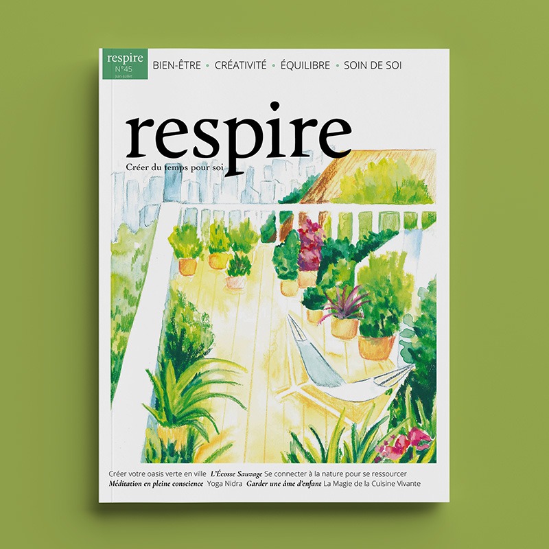 Illustration de couverture de magazine représentant un jardin urbain sur une terrasse. L'illustration mix aquarelle et pastels gras.