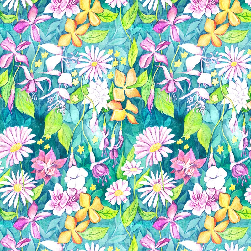 Motif fleuri réalisé à l’aquarelle et aux crayons, avec une dominante de vert bleu et des touches de rose, orange et vert clair. Ce design doux et lumineux évoque la fraîcheur et la sérénité.