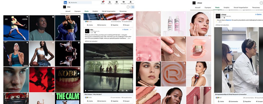 Exemple de marque qui diversifie leurs contenus selon le réseau social. Belle photos et inspirations sur Instagram et contenu plus technique sur Linkedin