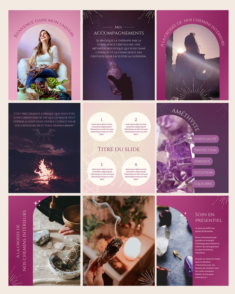 Template Canva pour la communication sur Instagram de la croisée des âmes, une thérapeute holistique