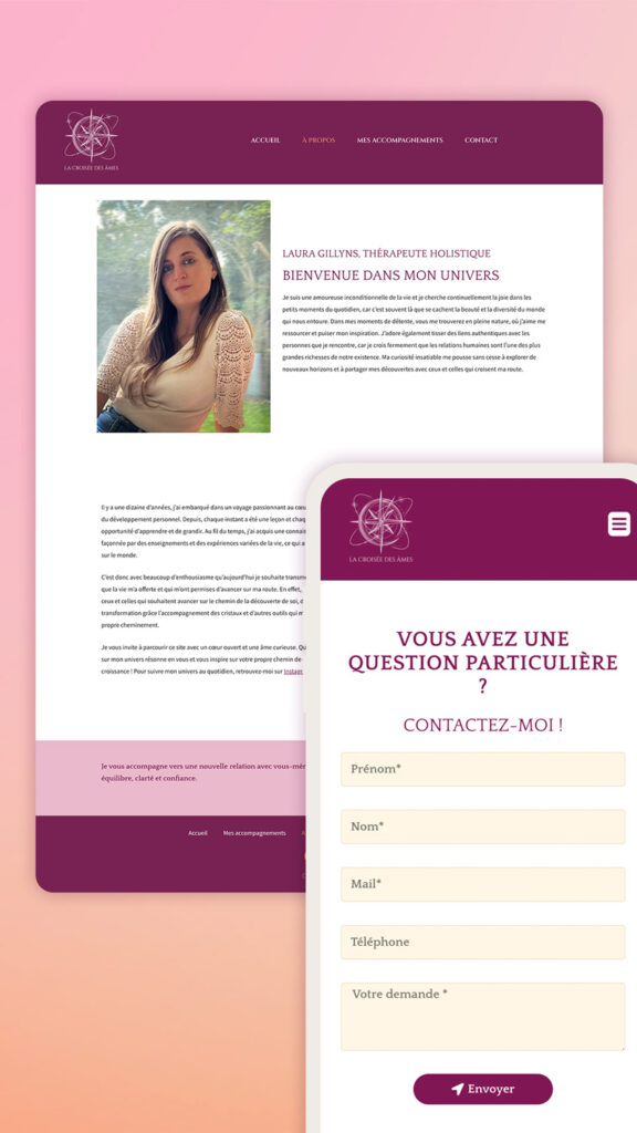 Site internet : page "à propos" et "contact" pour la Croisée des âmes, une thérapeute holistique