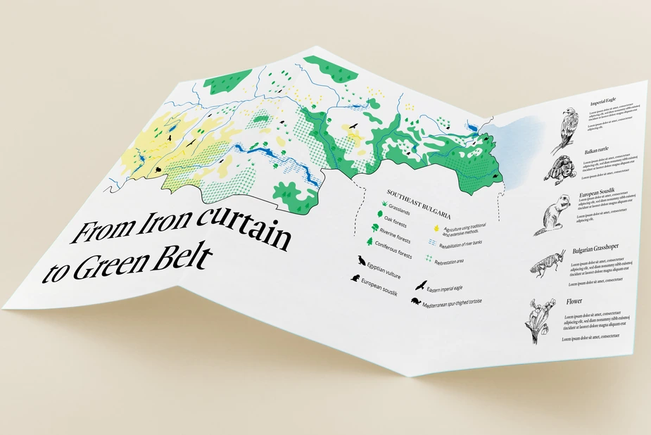 Carte illustrée de la région sud de la Bulgarie pour Birdlife, représentant une zone de réhabilitation de la nature menée par l’ONG.
