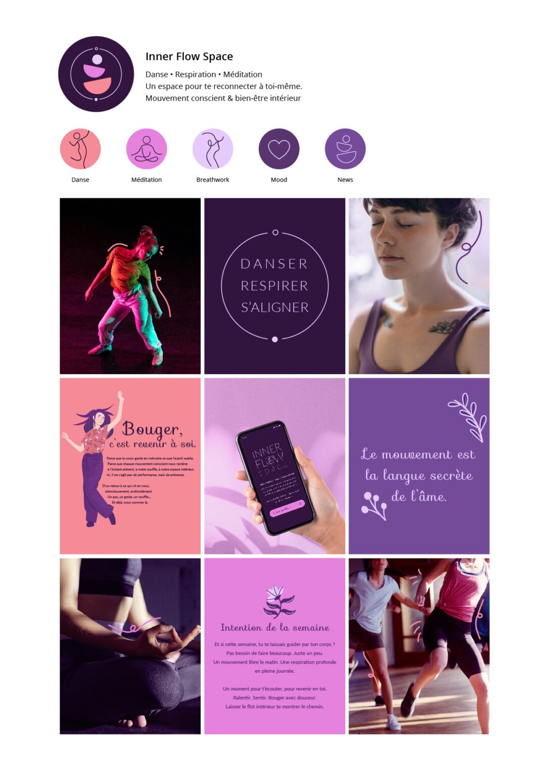 Feed Instagram créé selon l'identité graphique de Inner Flow Space, application de danse et de bien-être