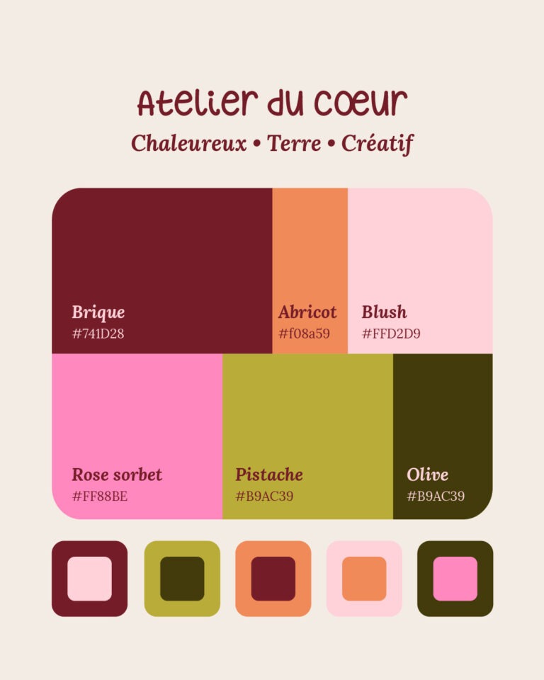 Image présentant une palette de six couleurs chaudes et organiques : un rose clair, un orange, un rouge profond, un vert pistache et un vert olive foncé et un rose. Les couleurs sont disposées en rectangles accompagnés de combinaisons suggérées.