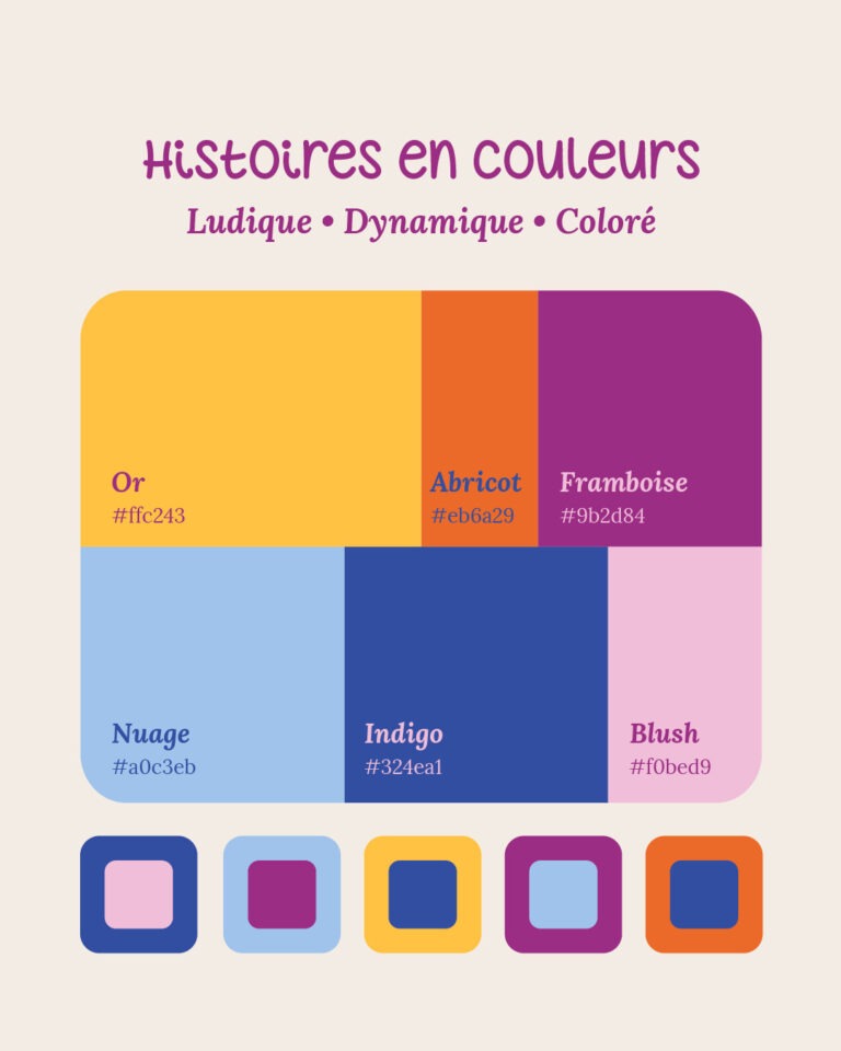 Palette de six couleurs vives et contrastées : jaune d’or, orange, violet framboise, bleu foncé, rose pâle et bleu ciel. L’image montre les couleurs principales et des idées de combinaisons pour des créations visuelles dynamiques.