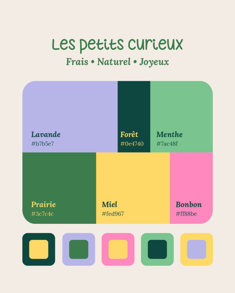 Palette colorée et naturelle avec six teintes : lavande, vert forêt, vert menthe, jaune pâle, rose bonbon et vert prairie. Les couleurs sont illustrées en aplats et associées en duos pour inspirer des projets graphiques.