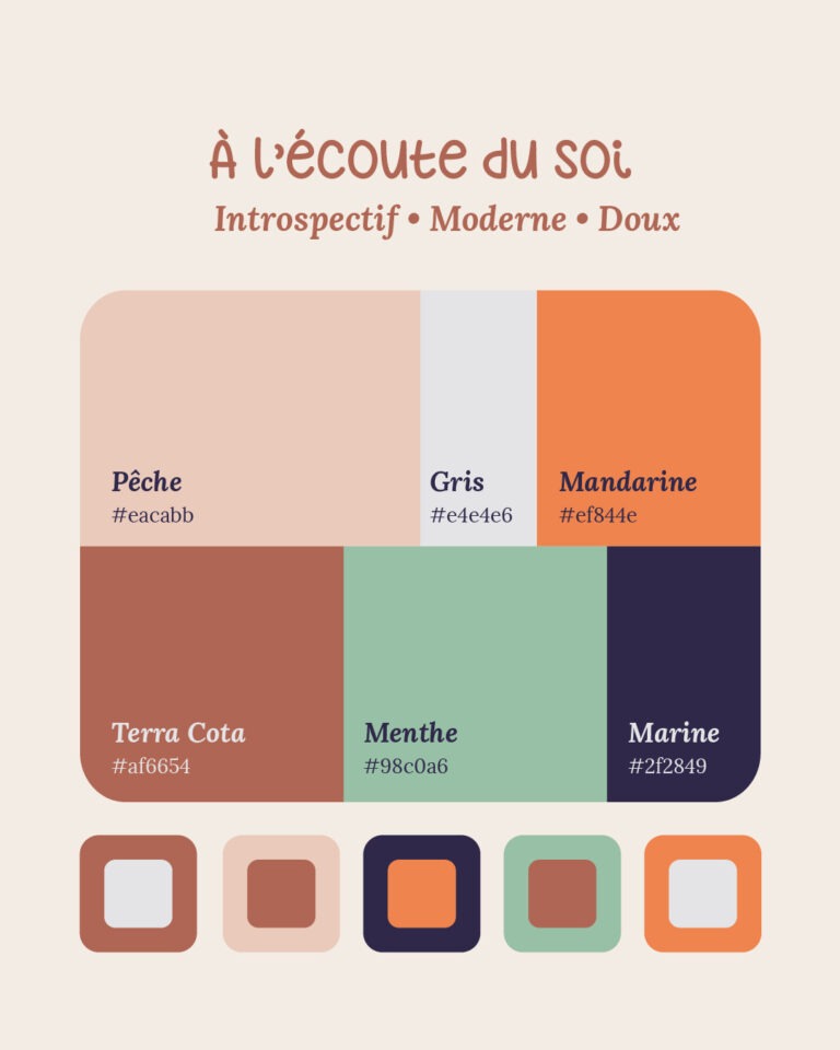 Image d’une palette douce et chaleureuse avec six couleurs : pêche poudrée, gris clair, orang, brun terra cota, vert sauge et bleu nuit. Des suggestions de combinaisons sont également visibles dans l’image