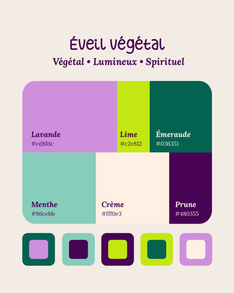Palette végétale et lumineuse composée de six couleurs : lavande, jaune citron vert, vert sapin foncé, menthe claire, crème et prune foncé. L’image propose des agencements de couleurs pour une ambiance naturelle et apaisante.