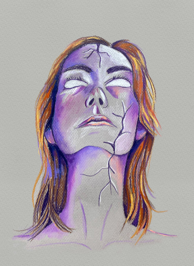 Pastel à la cire d’un portrait de femme au visage vide et craquelé, expression introspective.