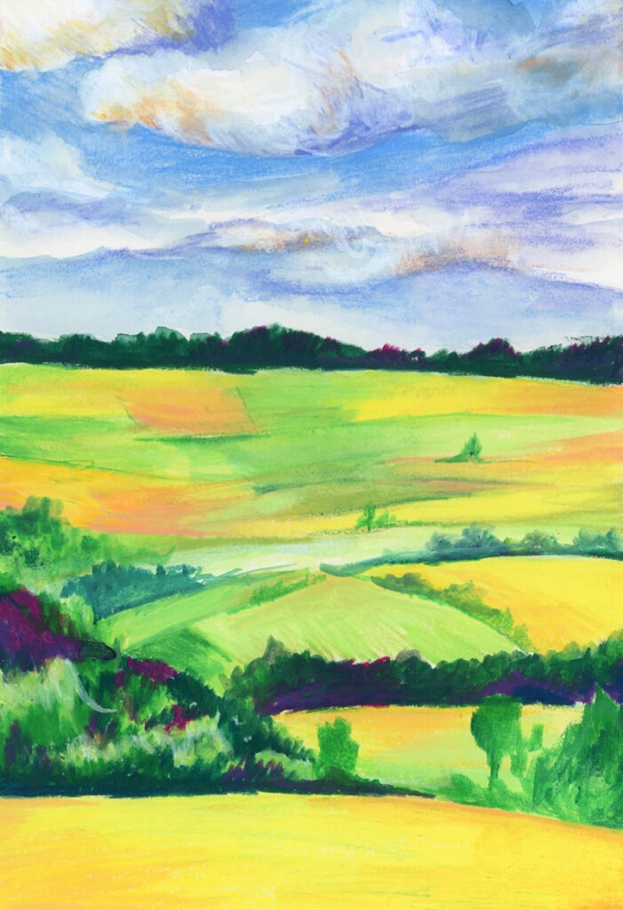 Pastel à la cire d’un paysage de campagne avec champs et quelques arbres, riche en couleurs.
