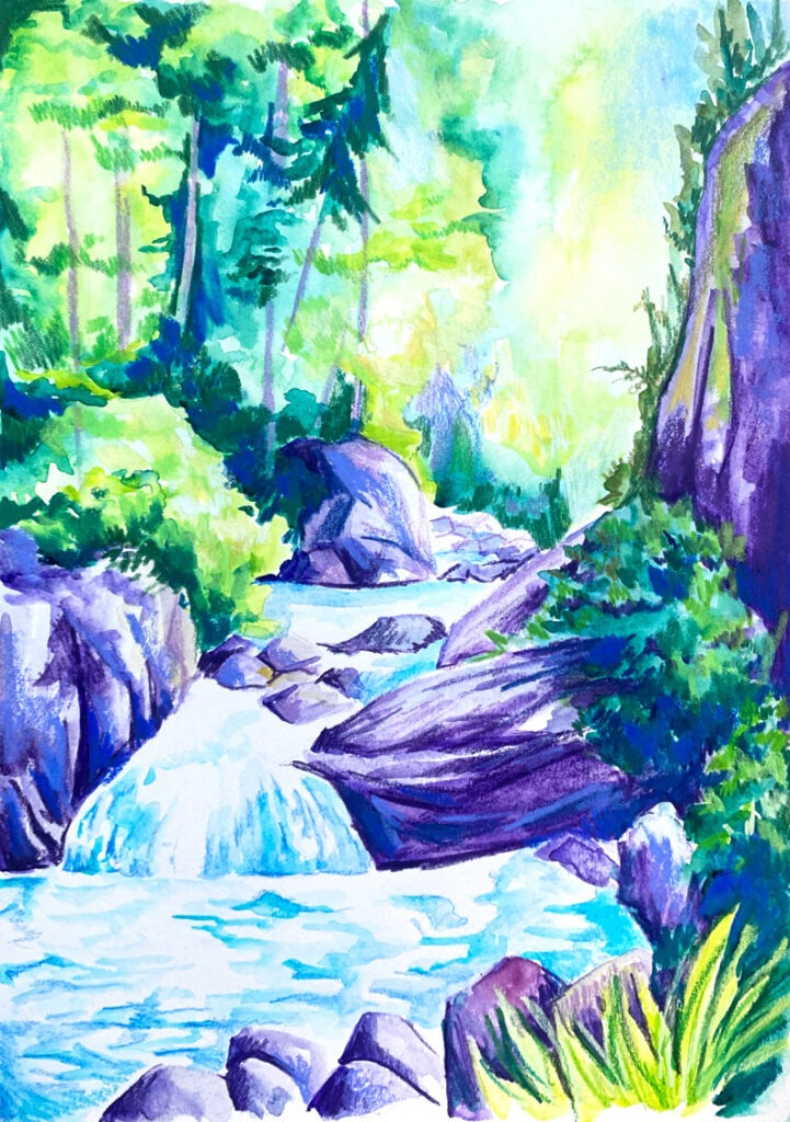 Aquarelle et pastel à la cire d’une cascade en forêt, très lumineuse, tons mauve et vert.