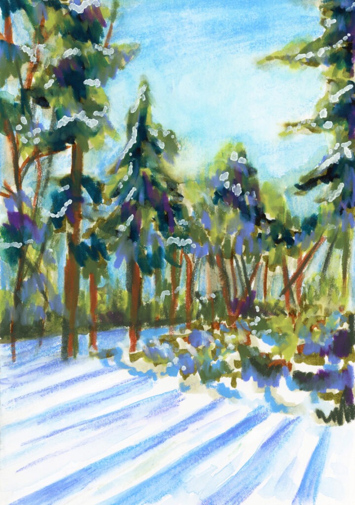 Pastel à la cire montrant plusieurs arbres recouverts de neige, accentués par des touches de couleurs vives