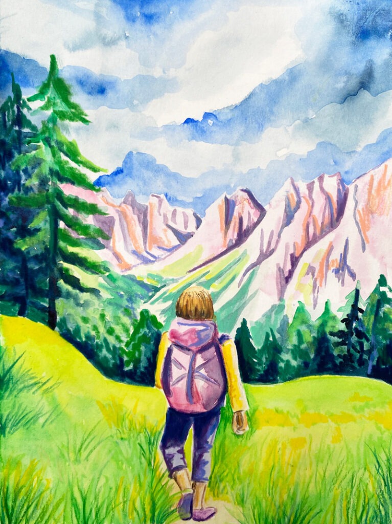 Aquarelle d’une femme de dos marchant dans la montagne en été.