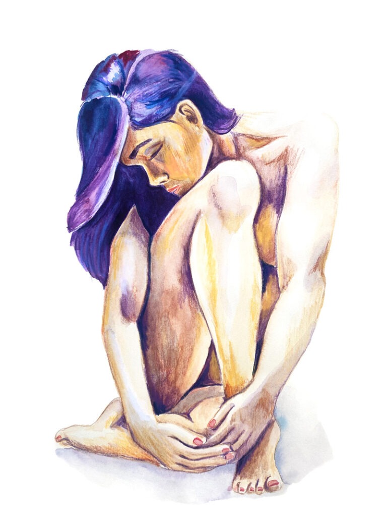 Aquarelle très douce d’une femme nue assise, aux longs cheveux.