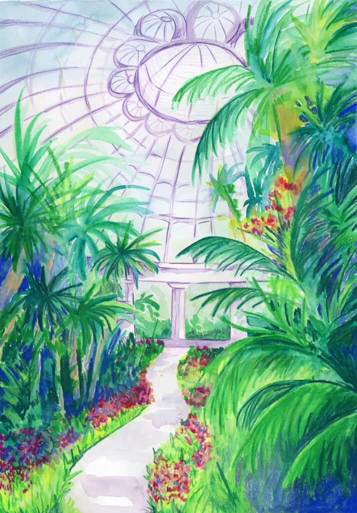 Aquarelle colorée représentant des serres de Laeken, mêlant verts, roses et mauves.