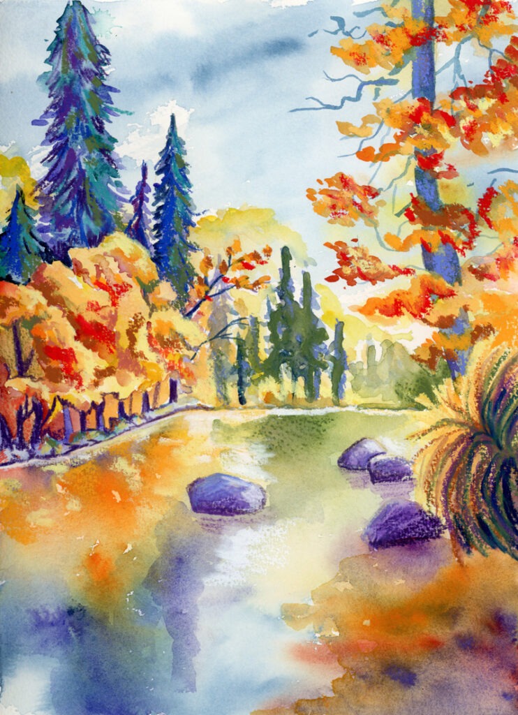 Aquarelle d’une forêt au bord de l’eau aux couleurs d’automne.