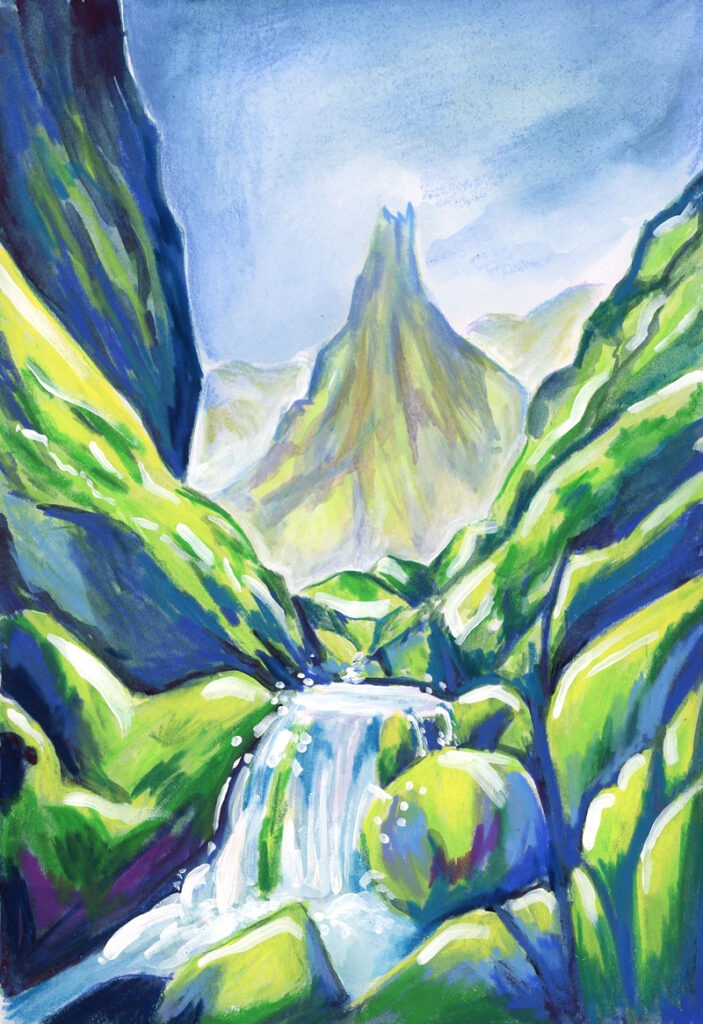 Pastel à la cire représentant une cascade s’écoulant au cœur d’une gorge, dans des tons de vert et bleu