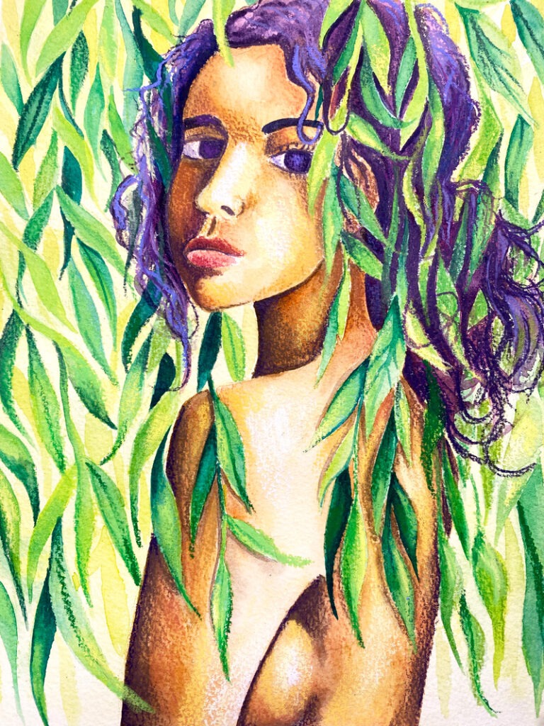 Aquarelle et pastel à la cire d’un visage de femme partiellement caché par des feuilles.