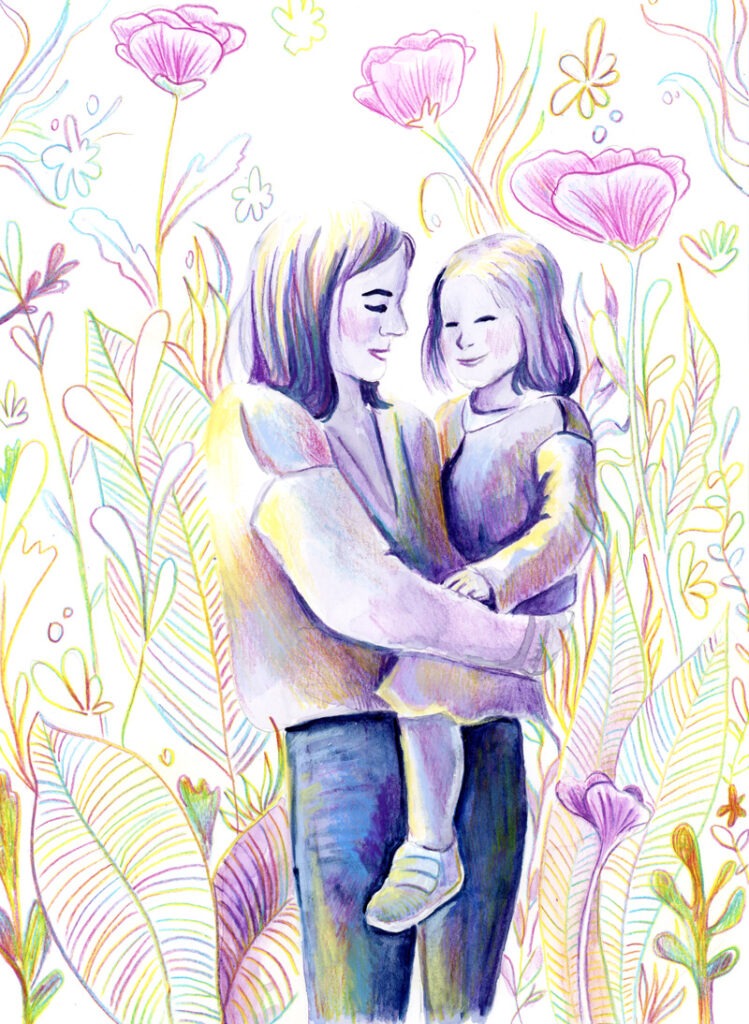 Aquarelle et crayon magique d’un portrait d’une mère et sa fille, enveloppées de feuillages, dans des teintes mauve, rose et jaune.