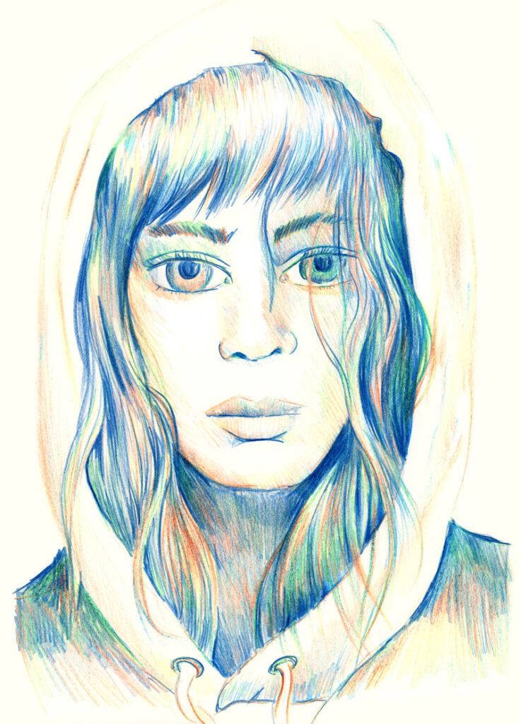 Dessin au crayon magique d’une femme portant une capuche, le regard mystérieux.