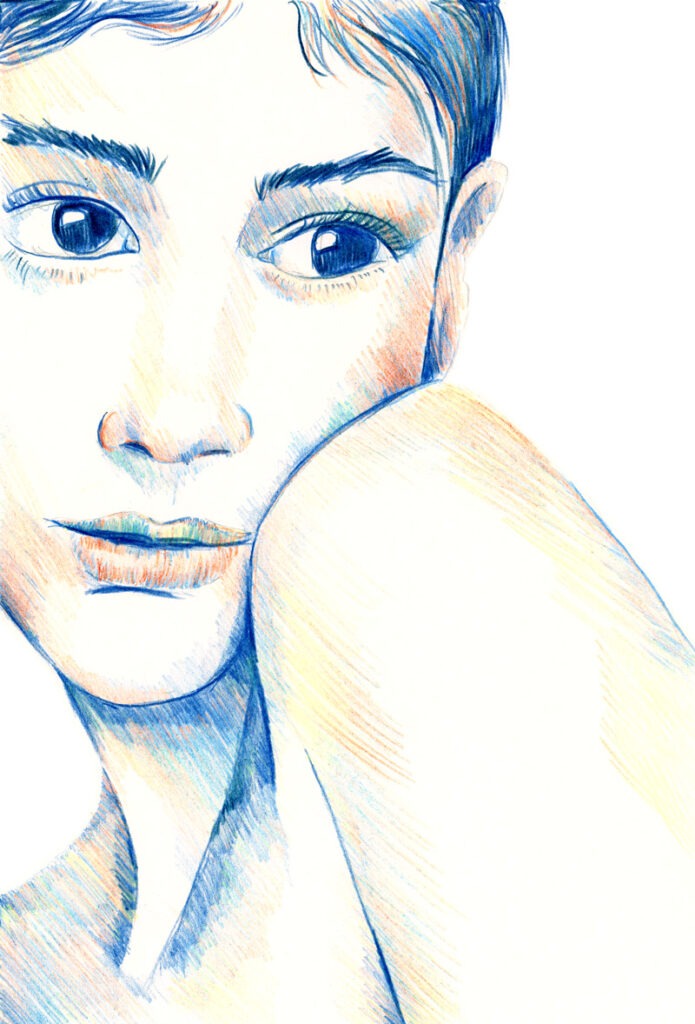 Illustration au crayon magique d’un visage de femme aux yeux marqués et expressifs.
