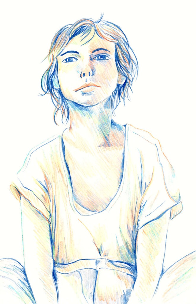 Dessin au crayon magique d’une femme assise, cheveux courts et tenue épurée.