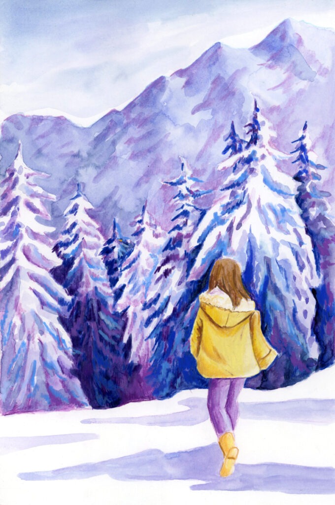 Aquarelle montrant une femme de dos marchant dans une forêt enneigée, baignée de nuances bleues, mauves et jaunes.