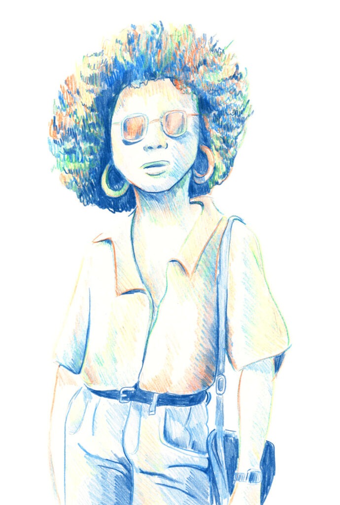 Dessin au « crayon magique » bleu-orange d’une femme métisse, coupe afro et lunettes de soleil.