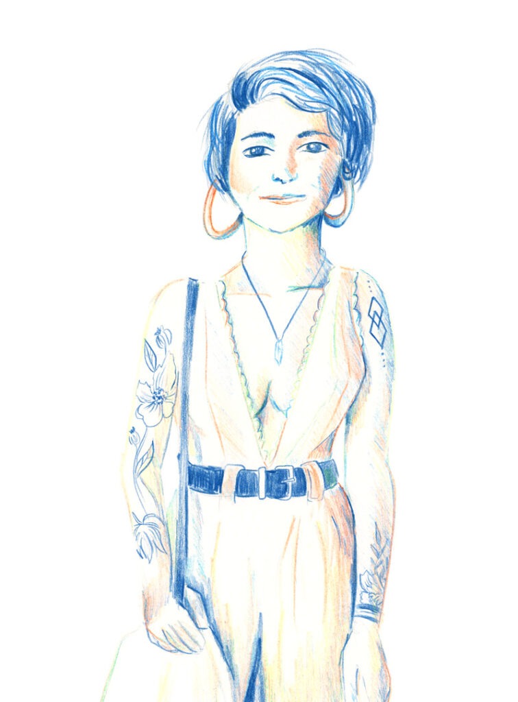Illustration au crayon magique d’une femme aux cheveux courts, bras tatoués, style urbain.