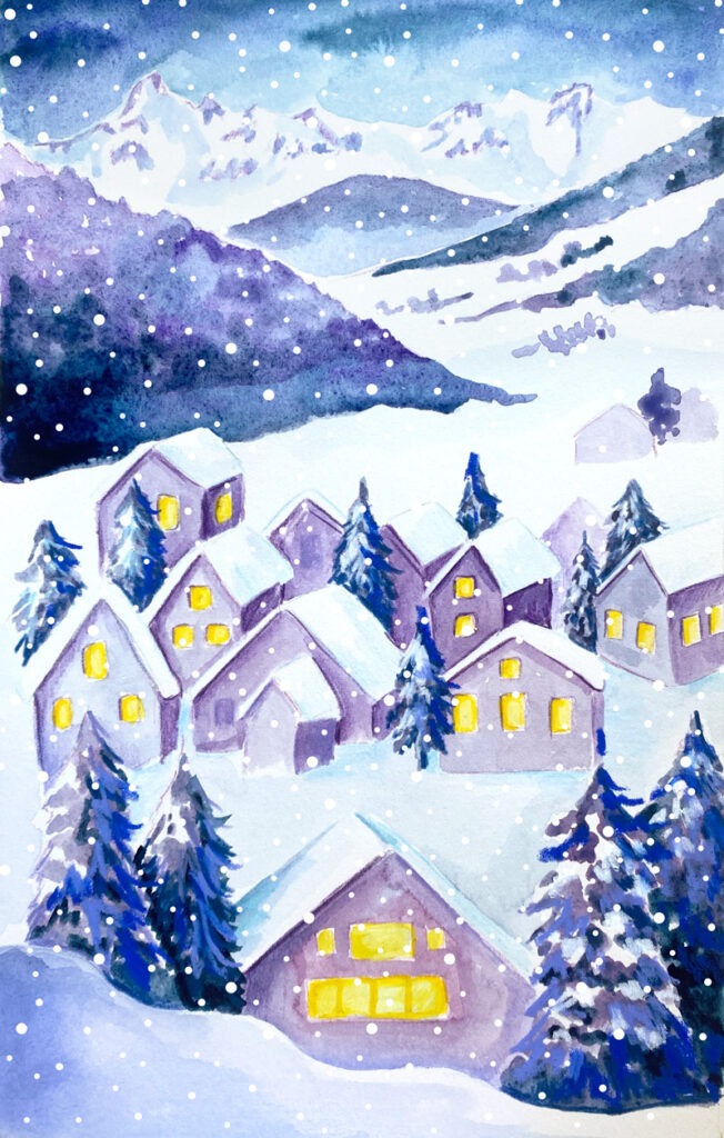 Aquarelle d’un chalet en montagne sous la neige, aux toits mauves et aux fenêtres éclairées de jaune.