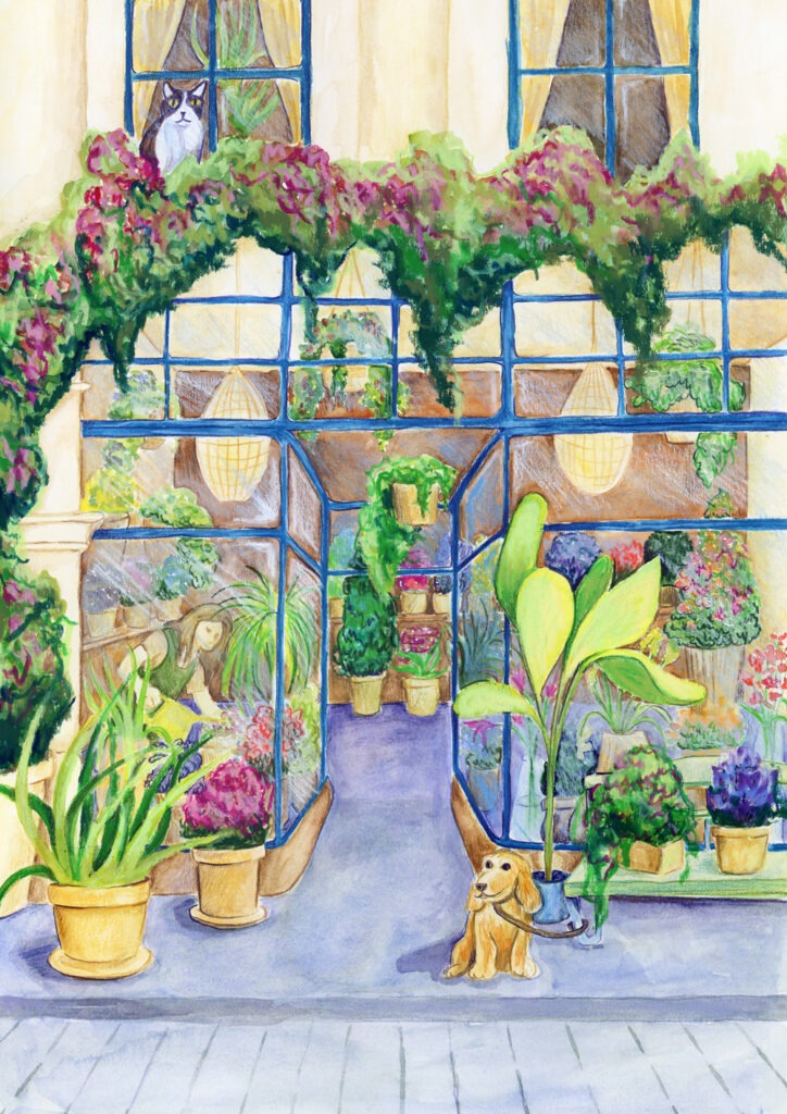 Illustration d'un magasin de fleurs réalisée à l'aquarelle et aux crayons