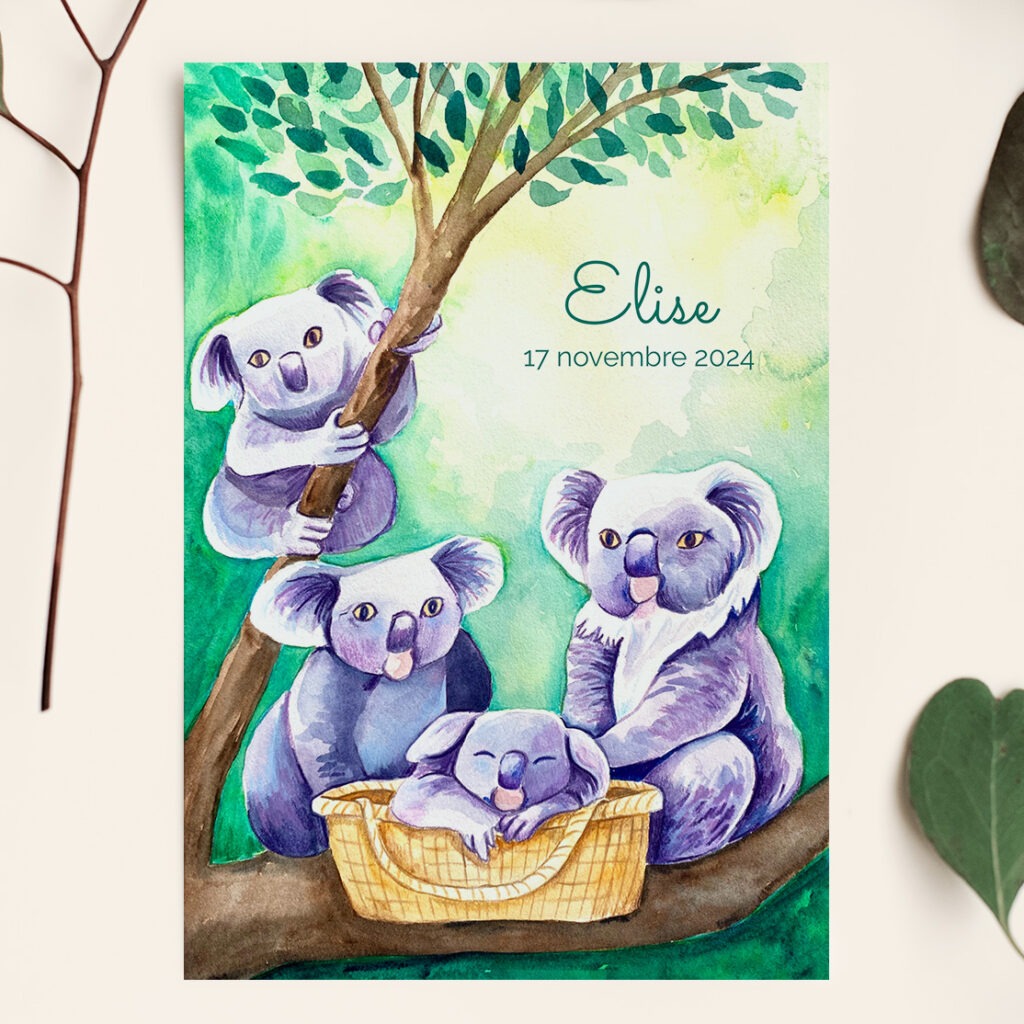 Faire part de naissance personnalisé et illustré sur le thème des koalas